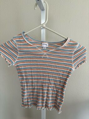 Size 6-6X Childs White, Blue & Orange Striped Ribbed Tee
